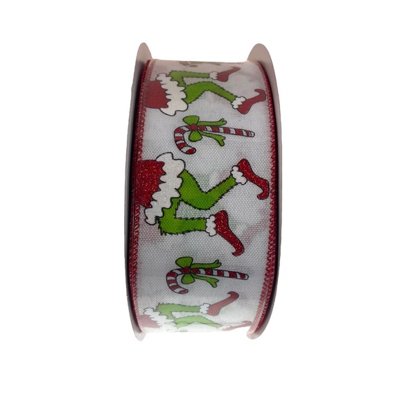 9 Feet Canvas 2.5” Green Monster Elf Legs Candy Canes Christmas Ribbon - Picture 3 of 3